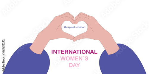 International Women's Day horizontal banner. Female hands showing sign of heart. InspireInclusion. Design for banner, poster, campaign, social media post. Vector illustration photo