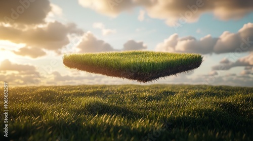 A 3D rendered image of a floating slice of land with a green landscape

 photo