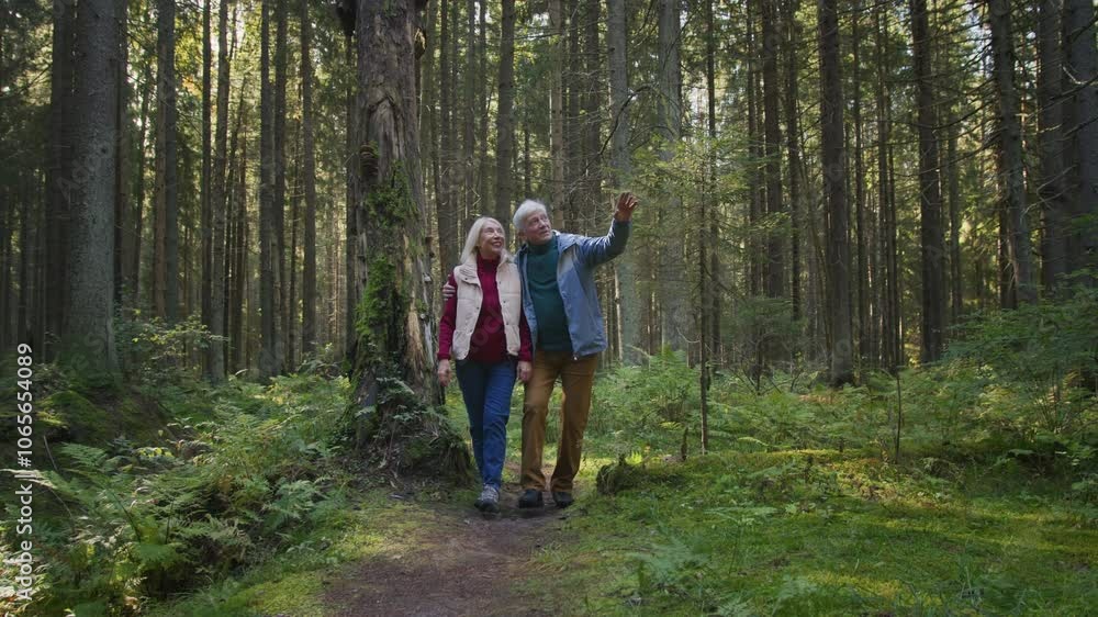 Cheerful senior couple enjoy walking in forest during sunny day. Elderly positive man and woman stroll due to health caring and together leisure. Retirement marital pair smile and admire nature Cheerful senior couple enjoy walking in forest during sunny day. Elderly positive man and woman stroll due to health caring and together leisure. Retirement marital pair smile and admire nature