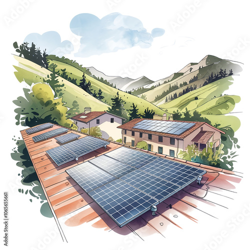 Watercolor Solar Panels on Roof in Scenic Countryside - Renewable Energy Illustration - Eco-Friendly Living. photo