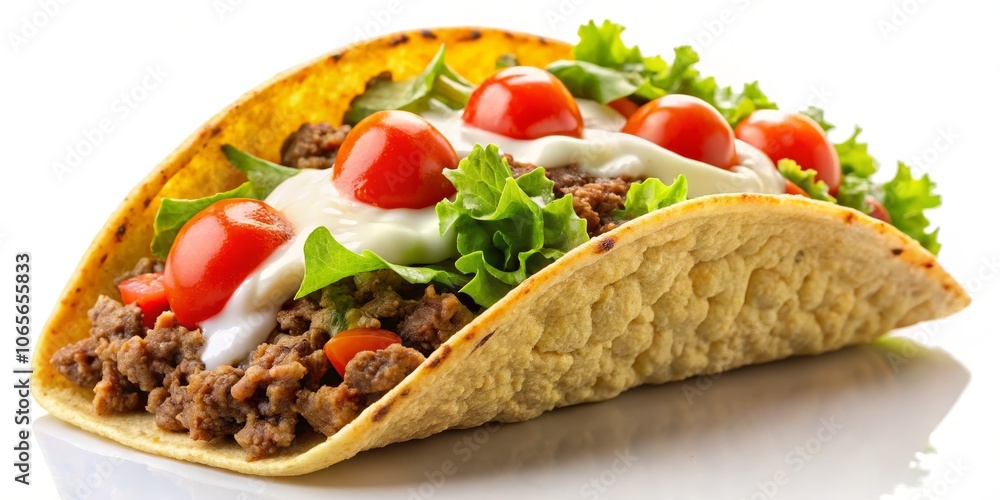 Savory Taco with Ground Beef, Tomatoes, Lettuce, and Creamy Dressing - Close-up Photography on White Background Savory Taco with Ground Beef, Tomatoes, Lettuce, and Creamy Dressing - Close-up Photography on White Background