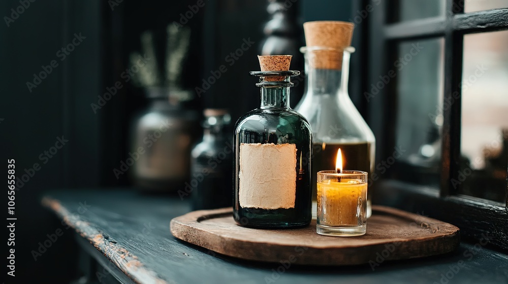 A rustic display featuring a dark glass bottle, a small candle, and various containers, set on a wooden tray against a shadowy backdrop. A rustic display featuring a dark glass bottle, a small candle, and various containers, set on a wooden tray against a shadowy backdrop.