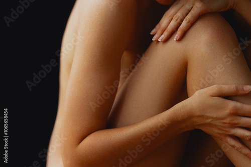 Close-up tanned female arm and leg. Skin and body care