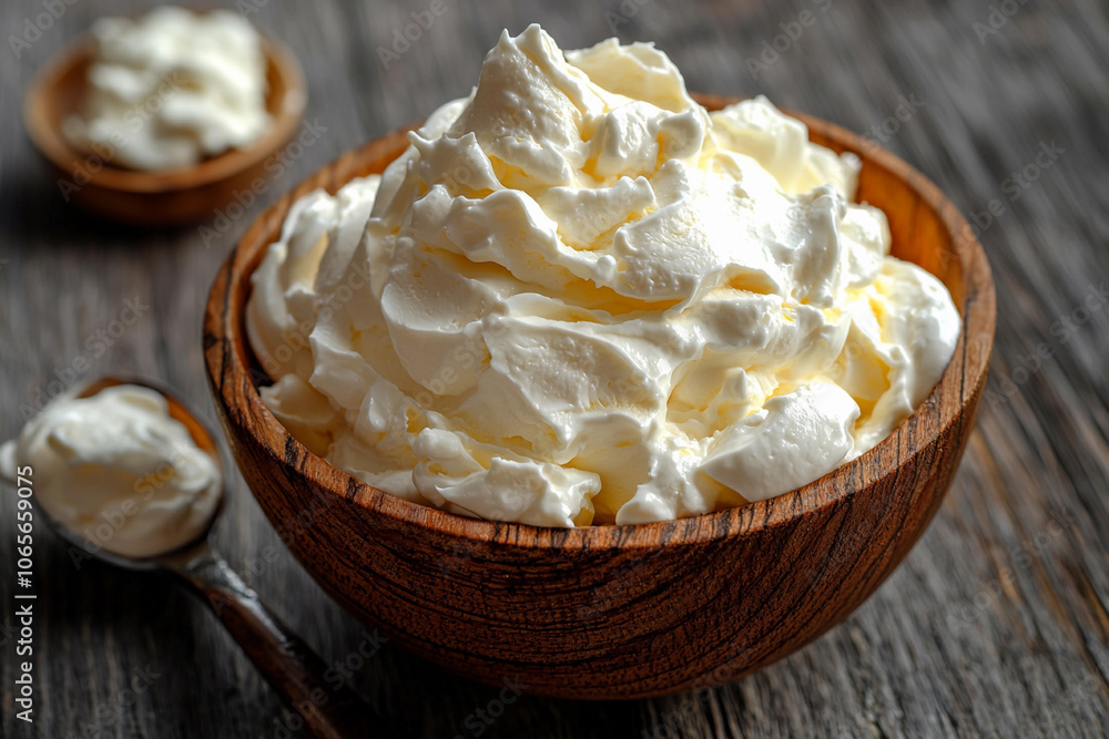 Creamy whipped cream in a rustic wooden bowl ready for desserts Creamy whipped cream in a rustic wooden bowl ready for desserts