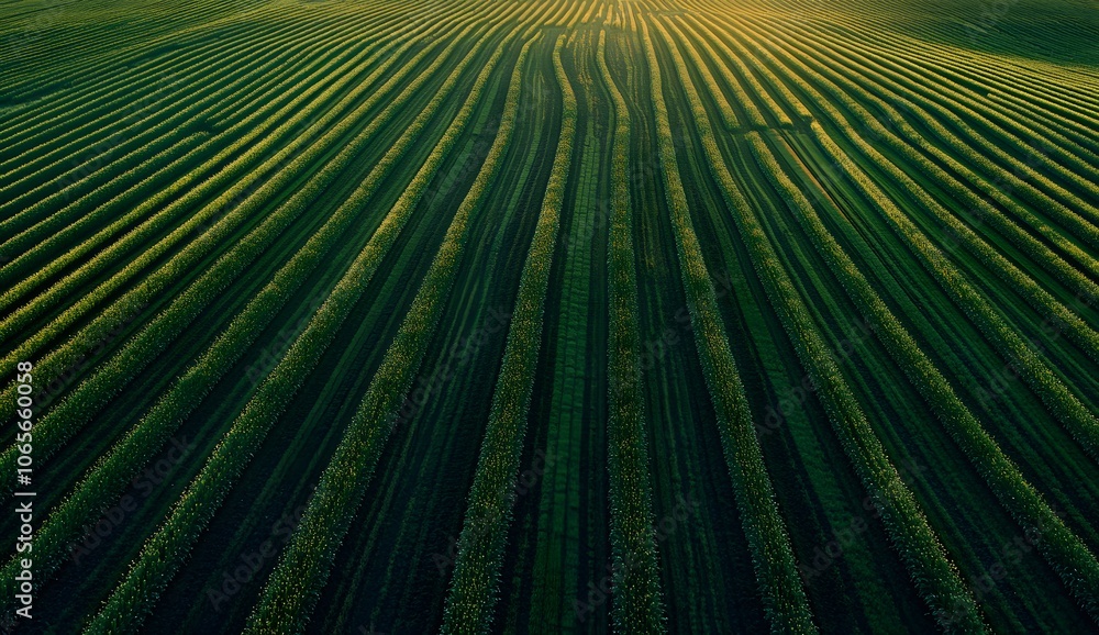 Obraz premium Beautiful green field with rows of crops at sunset, an idyllic rural landscape, natural scenery in the spring season.