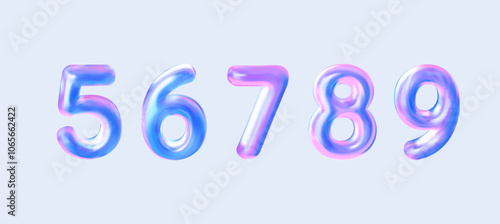 3D holographic numbers 5, 6, 7, 8, and 9. A set of liquid-style fonts for birthdays, bonuses, New Year, and promotions. Vector illustration in purple and blue tones.