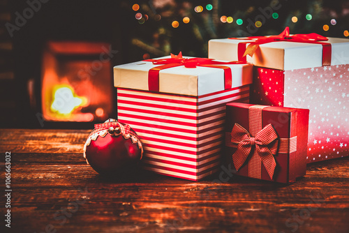 festive red Gift Boxes standing by the Burning Fireplace and Christmas tree - cozy home photo