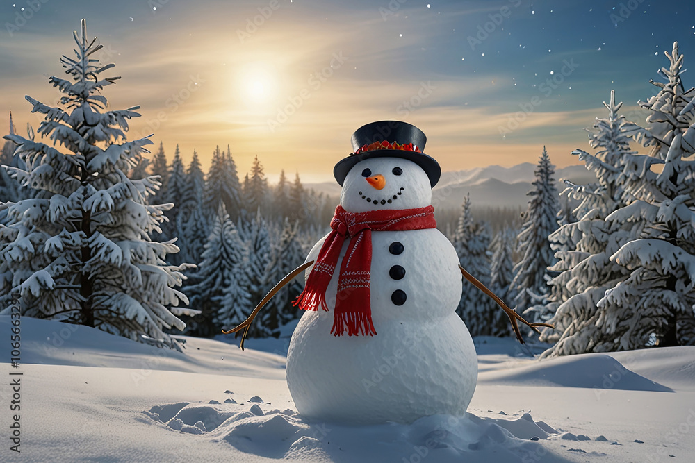 Obraz premium Classic Snowman with Hat and Scarf in a Winter Wonderland