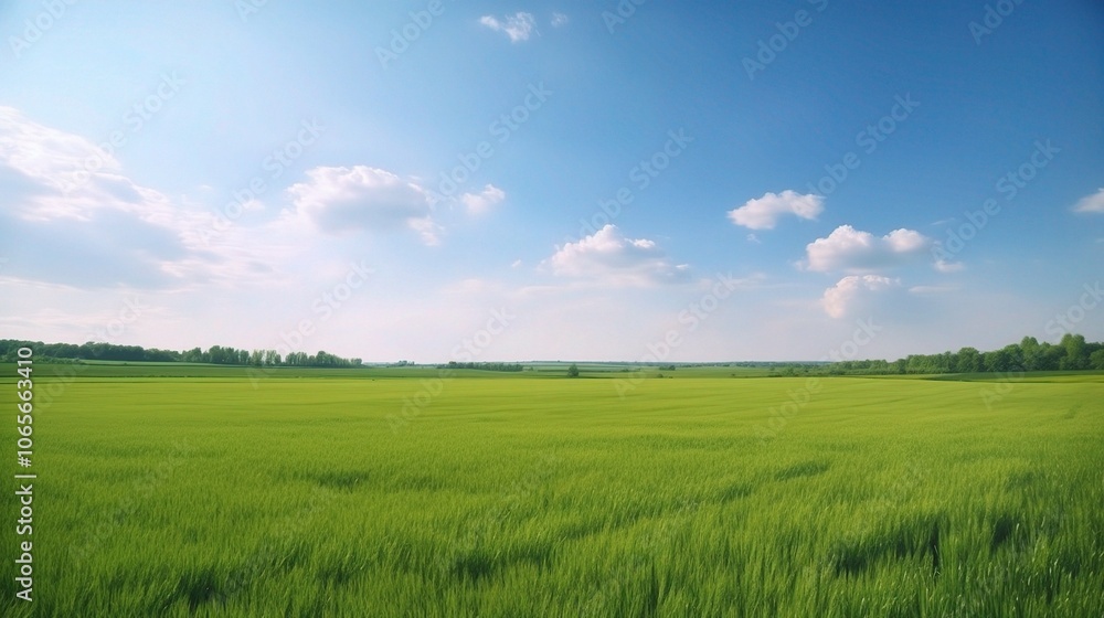 Fototapeta premium Lush Green Field Under Bright Blue Sky