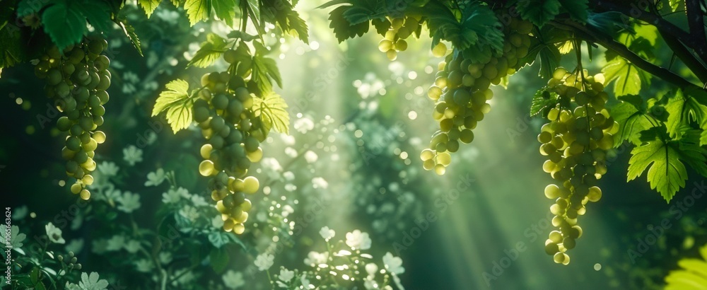 Obraz premium Lush green grape clusters hang from a vine, illuminated by gentle sunlight filtering through leaves, Ideal for food-related projects, vineyard promotions, or nature themes,