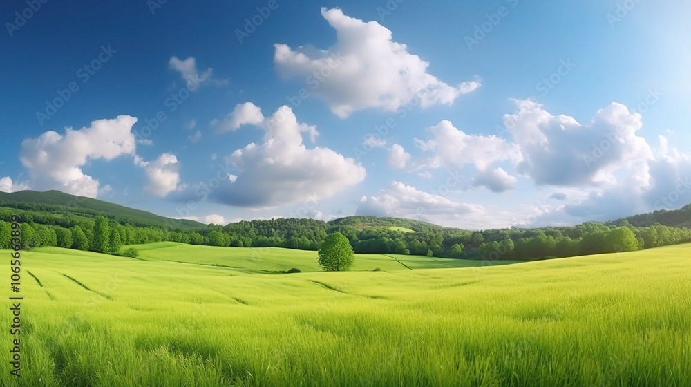 Fototapeta premium Serene Green Landscape with Blue Sky and Clouds