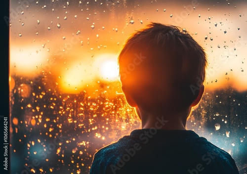 A boy looking out the window at sunset, his back to us, his face not visible in silhouette. The background is blurred with raindrops on the glass.