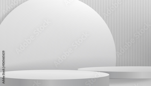Background white studio on wall with 3D cylindrical podium pedestal for product display presentation,Vector Minimal mockup abstract stage showcase.Backdrop  Platforms geometric design