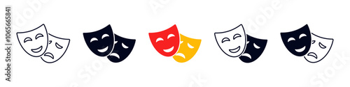 Theater mask icon set. Comedy and tragic masks. Flat vector illustration