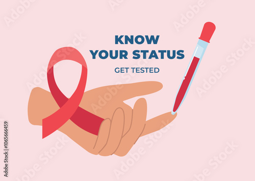 Taking blood for HIV, AIDS analysis. Hand with a red ribbon. World AIDS day awareness banner. Vector illustration in flat style.