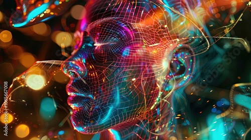 A vibrant digital face with...