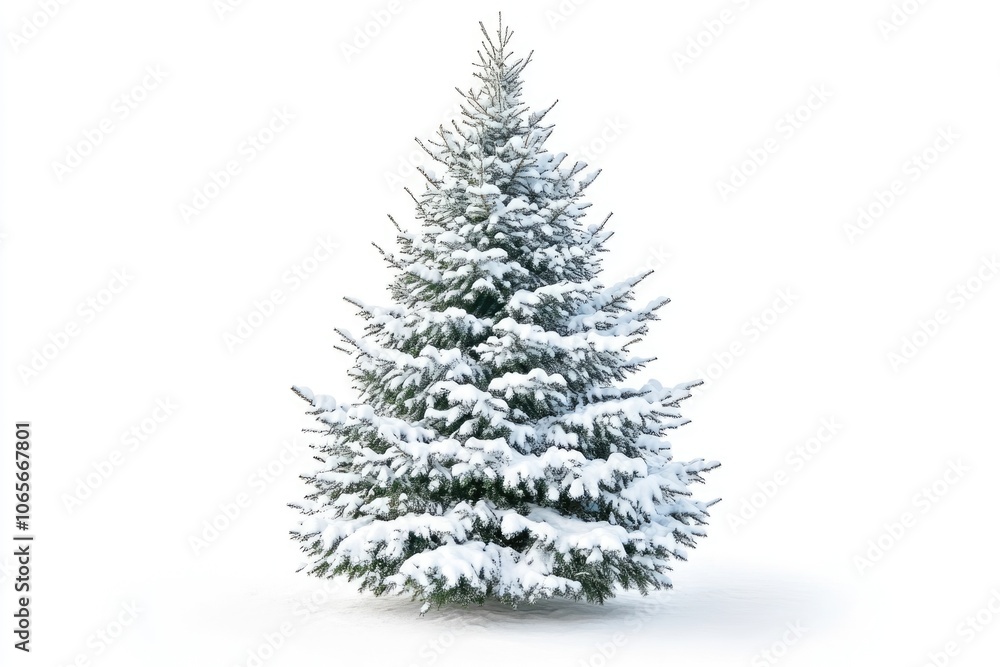 Fototapeta premium Christmas tree covered with snow isolated on white background.