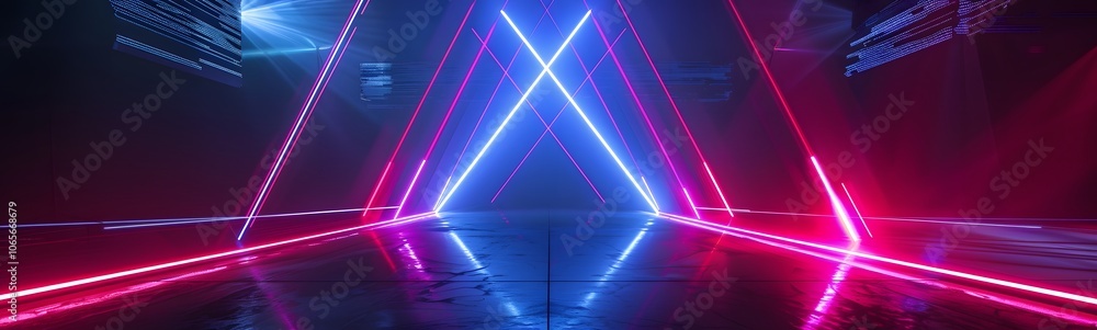 Fototapeta premium Background of empty stage show. Neon light and laser show. Laser futuristic shapes on a dark background. Abstract dark background with neon glow. 