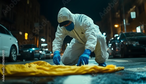 Close-up of a male police detective wearing a white hazmat suit and blue gloves on his hands, crouching down to pick something from the ground  photo