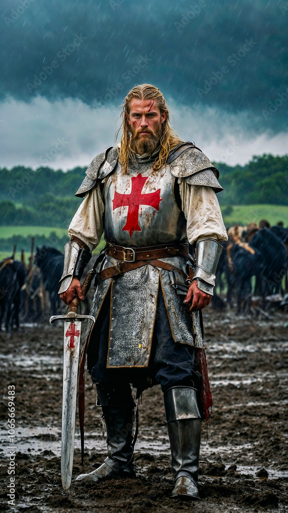 Obraz premium A determined medieval knight, clad in armor marked by a red cross, stands resolutely in a muddy battlefield under a dark, stormy sky. His armor is worn and stained, showing signs of intense battle.
