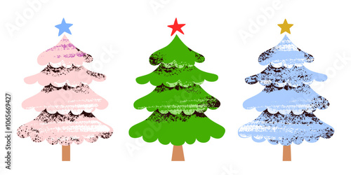 Set of three fluffy Christmas blue, pink, green trees with star and textures. Cute vector modern illustration on white isolated background for postcards, congratulations in social networks, collages.