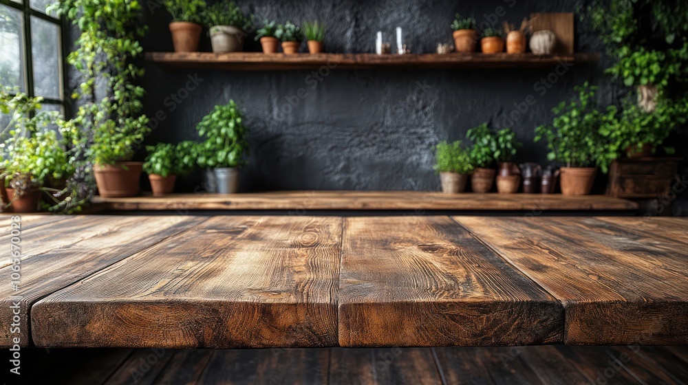 Obraz premium Rustic wooden table with a blurred background of potted plants and a brick wall.