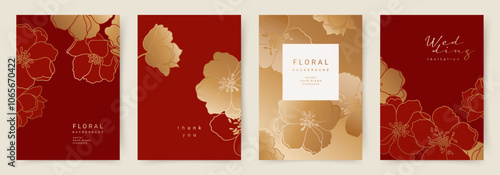 Elegant luxury red background with hand drawn gold floral pattern. Flower frame. Vector templates for wedding invitation, greeting card, packaging, branding, design, social media 