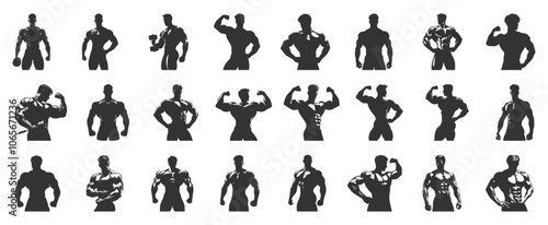 Set, Bodybuilder Silhouette, Man Silhouette, Muscular Man Silhouette, icons Isolated on white Background