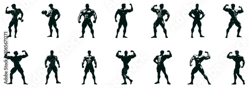 Set, Bodybuilder Silhouette, Man Silhouette, Muscular Man Silhouette, icons Isolated on white Background