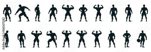 Set, Bodybuilder Silhouette, Man Silhouette, Muscular Man Silhouette, icons Isolated on white Background