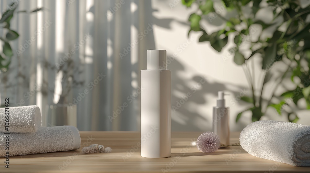 A plain cosmetic bottle mockup stands upright on a wooden vanity with soft towels nearby A plain cosmetic bottle mockup stands upright on a wooden vanity with soft towels nearby