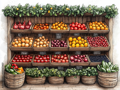 Street stall for selling organic farm products such as tomatoes, lettuce, sweet peppers, onions, potatoes. Watercolor style illustration isolated on white background. Hand draw sketch illustration photo