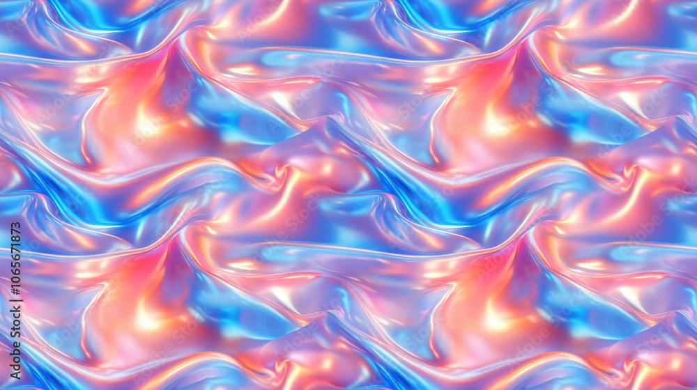 Vibrant seamless pattern featuring bright iridescent holographic design with radiant glowing colors of white pink blue and turquoise for modern textile or wallpaper applications Vibrant seamless pattern featuring bright iridescent holographic design with radiant glowing colors of white pink blue and turquoise for modern textile or wallpaper applications