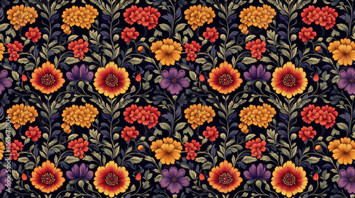 Seamless pattern of intricate Mughal art embroidery featuring traditional motifs and modern Indian neckline design