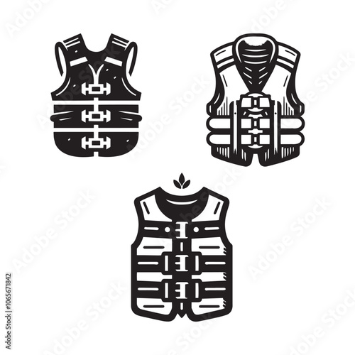 Life Jacket Silhouette Vector Set, Black and White Life Jacket Illustrations, Life Vest Outline Icons