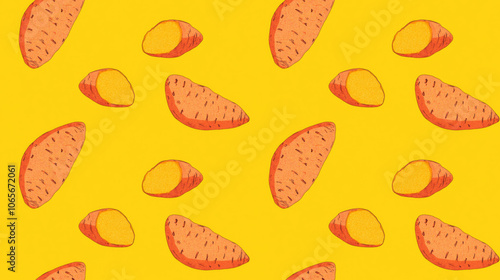 Seamless pattern featuring a vibrant hot sweet potato icon at the center against a bright yellow background ideal for textile design kitchen decor