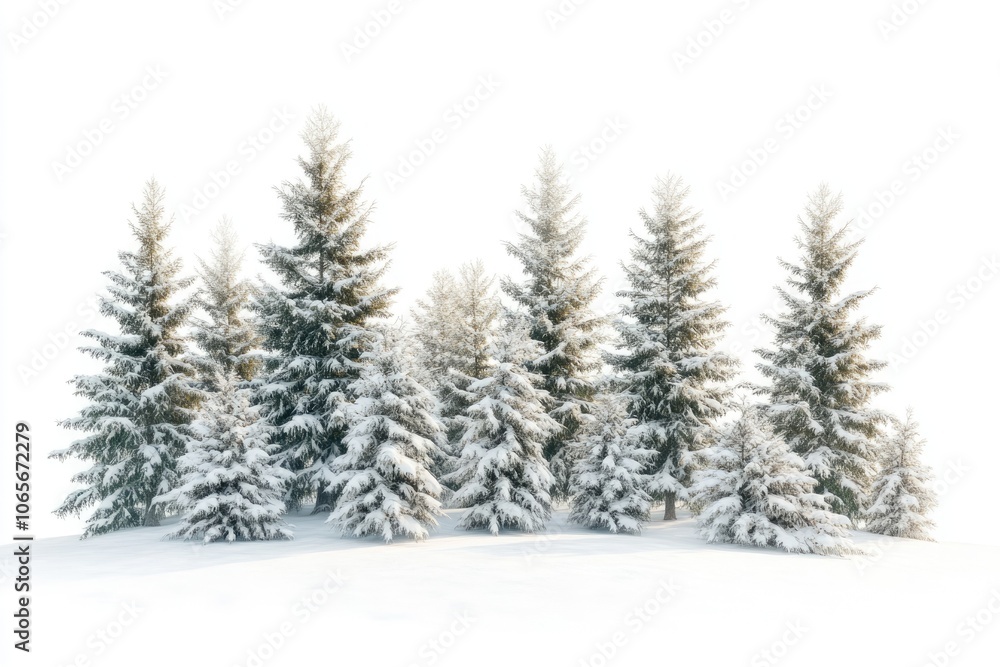 Fototapeta premium Spruce covered with snow isolated on white background winter forest