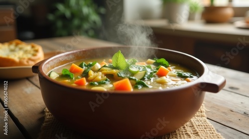 A warm bowl of vegetable soup, filled with colorful veggies like carrots, zucchini, and spinach, steam rising, cozy kitchen setting