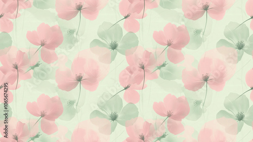Seamless abstract background pattern featuring pink and light green colors with delicate flower silhouettes ideal for textile design and home decor