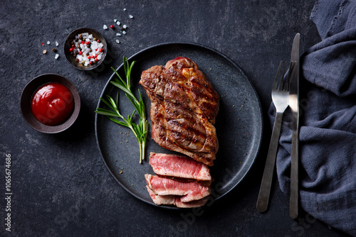 Beef Steak medium rare with French fries on a black plate. Dark background. Close up. Top view. photo