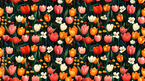 Vibrant seamless pattern of colorful summer tulips perfect for fabric wallpaper print and background textures photo