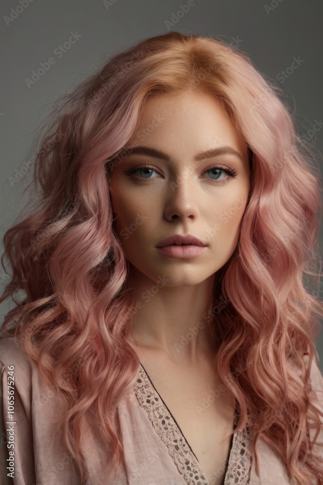 Naklejka premium Portrait of a woman with voluminous, wavy pink hair and a subtle makeup look, placed against a neutral background
