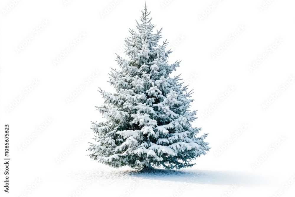 Fototapeta premium Snow covered Christmas tree isolated on white background.