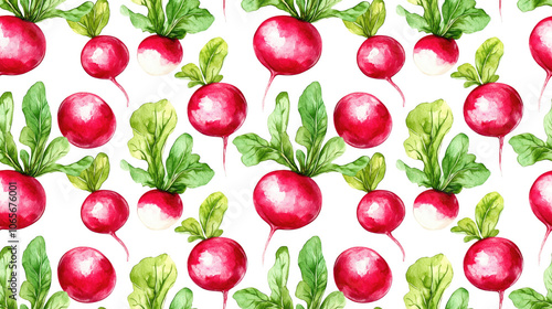 Watercolor seamless pattern of isolated radishes with vibrant green leaves on a clean white background perfect for healthy food designs