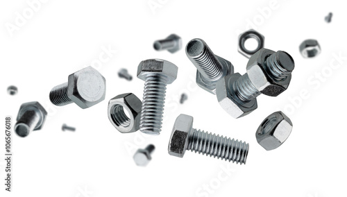 Set of bolts and nuts flies and levitates in space. Isolated on white