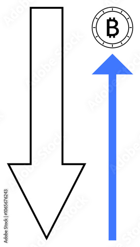 Black downward arrow beside blue upward arrow pointing to Bitcoin symbol. Ideal for financial trends, market analysis, cryptocurrency volatility, investment strategies, economic forecasts, technology