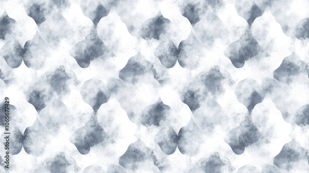 Fototapeta premium Seamless light gray ogee design with tie dye shibori and abstract watercolor stains for elegant textile prints