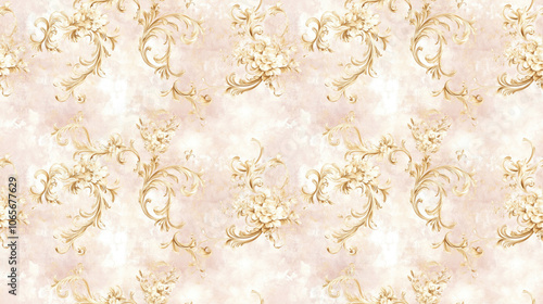Elegant gold monogram floral pattern featuring intricate Baroque design elements on a soft watercolor background perfect for textile and stationery design