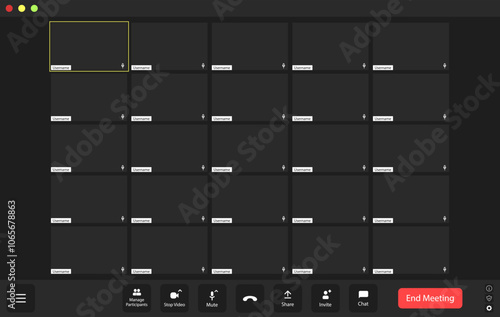 A virtual meeting platform showcasing empty participant squares during an online gathering in the evening