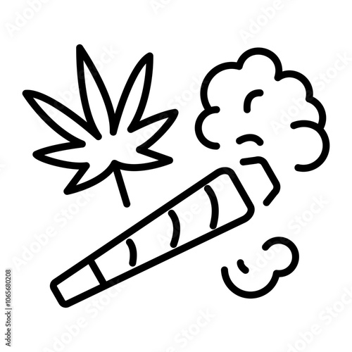 A line icon of a weed joint with smoke and a marijuana leaf 